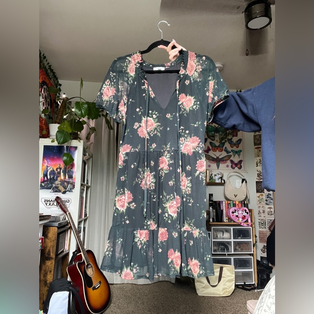 AUW Pink and Green Flutter Sleeve Sundress